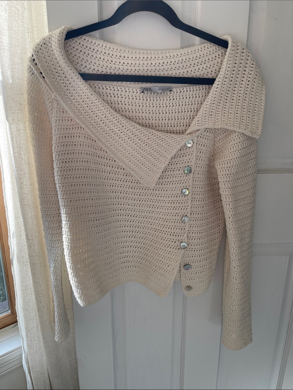 Zara Cream Cropped Knit Sweater with Shell Buttons